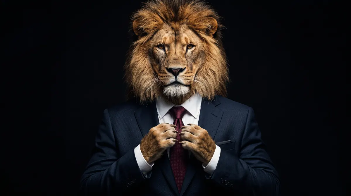 El león de Black Lion, de traje, ajustándose la corbata